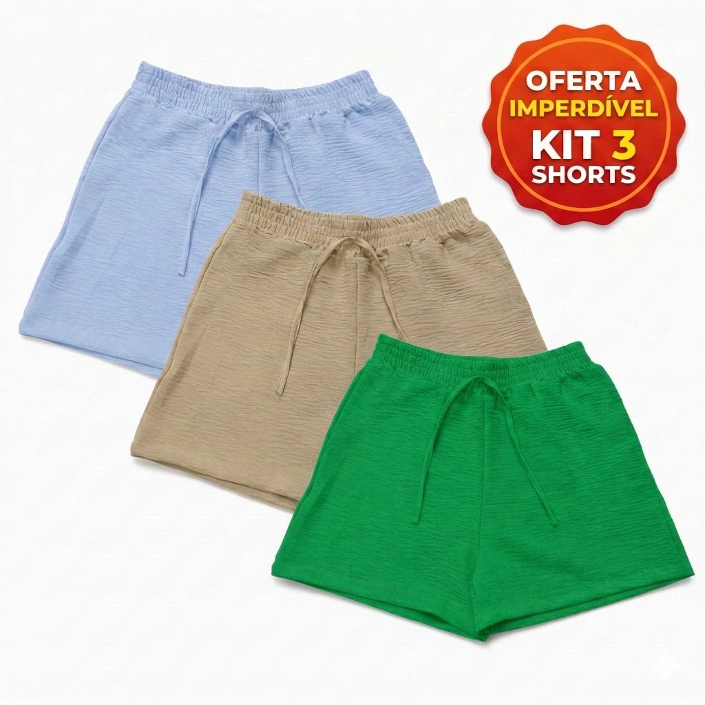 Shorts Feminino Malib Tecido Duna Cintura Alta com Elástico Soltinho Confortável Moda - Kit 3