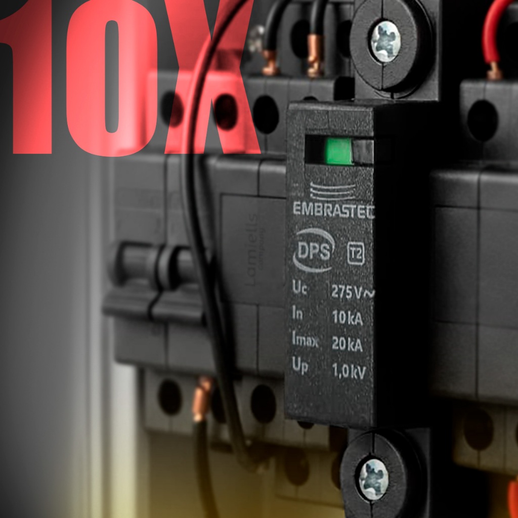 Kit 10x DPS 275V 20kA Embrastec Compact Black – Protetor Contra Surtos Elétricos Classe II Trilho DIN