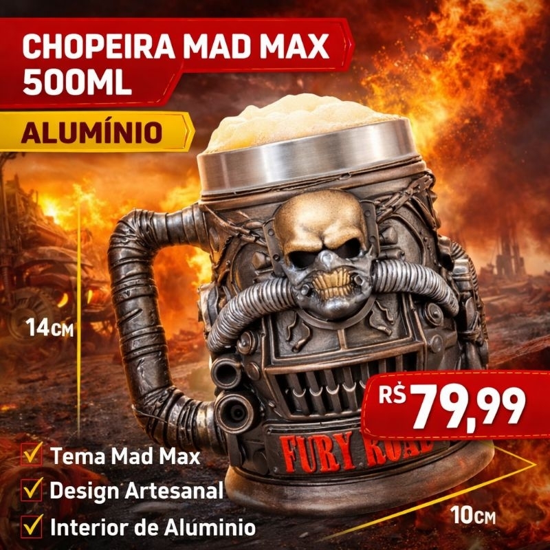 Chopeira Mad Max 500ml Alumínio Caneca Cerveja Caveira Motor Geek Colecionável