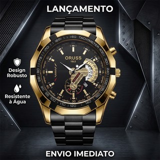 Relógio Masculino Prata Preto ORUSS BQ Vidro Mineral Esporte Fino Pronta Entrega