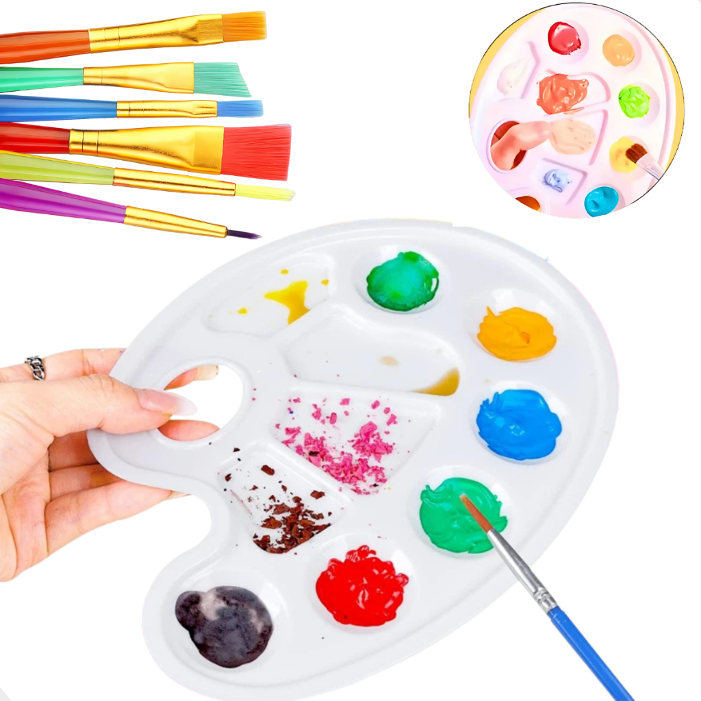 Kit Para Pintura 7 Peças Com Pincel Colorido e Paleta Godê Escolar Infantil em Oferta na Shopee