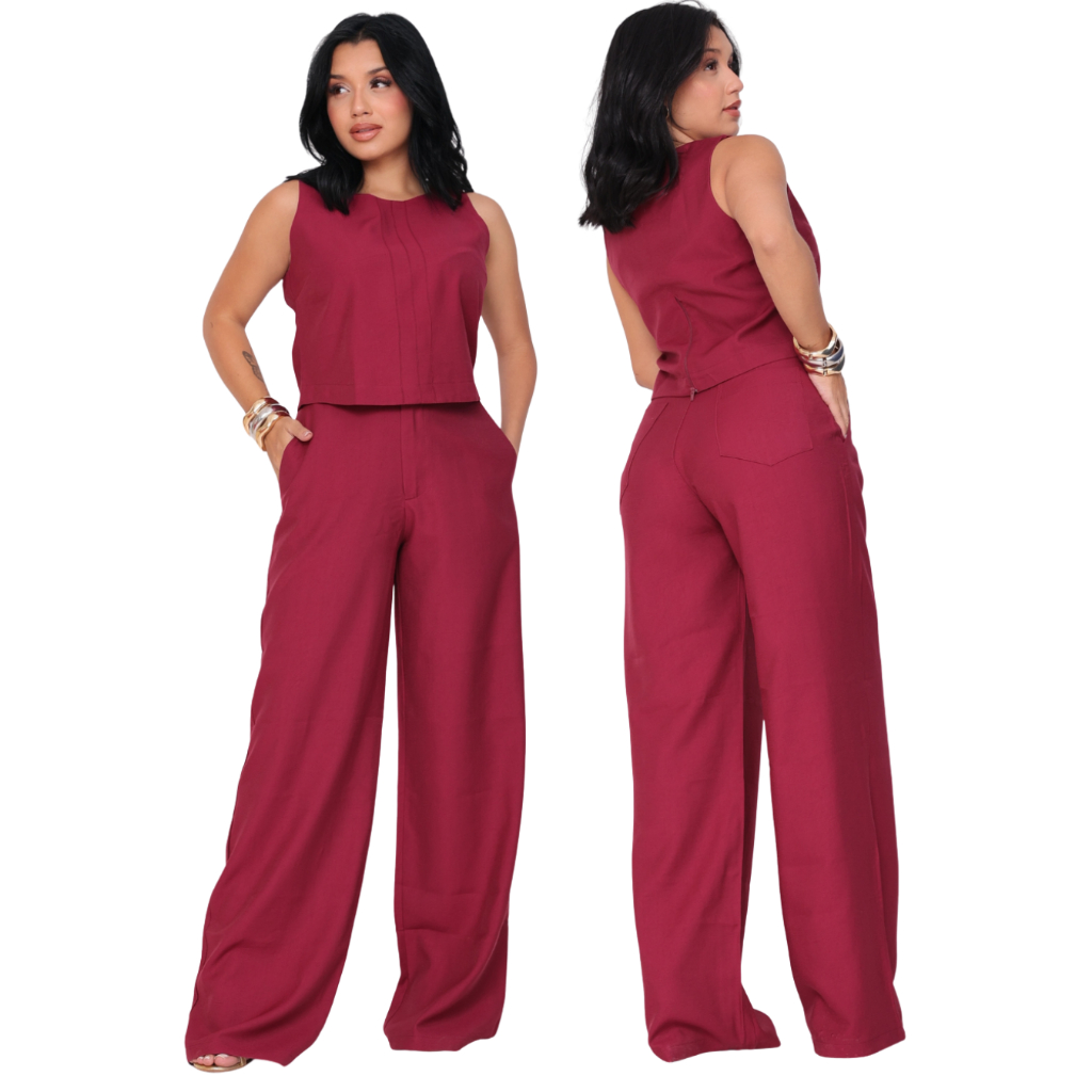 Conjunto Feminino Calça Pantalona e Blusa no Alfaiataria Com Ótimo Caimento Confortável e Elegante