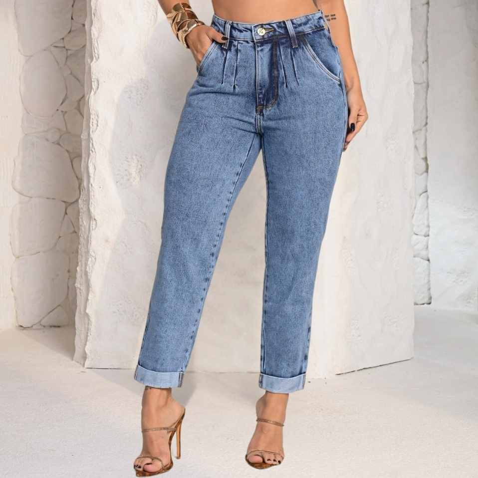 Calça mom Feminina Jeans Casual Cintura Alta Confortável Versátil em Oferta na Shopee