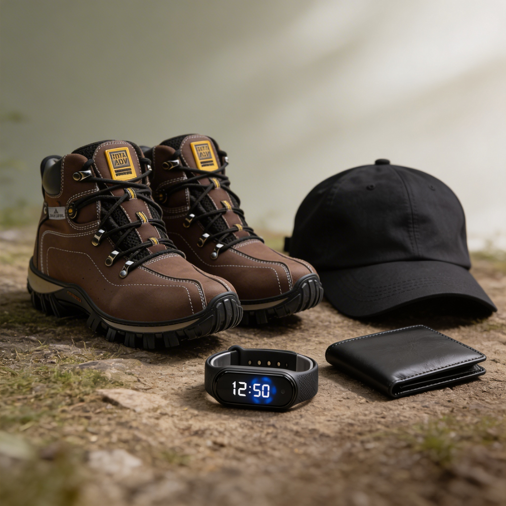 Kit Masculino Completo Bota Adventure Marrom + Boné Preto + Smartband + Carteira Preta Casual Presente Promoção