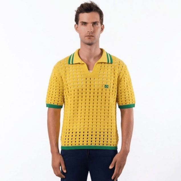 Camisa Polo Masculina Croche Tricô Vazado Estilo Retrô Brasil Conforto Elegância