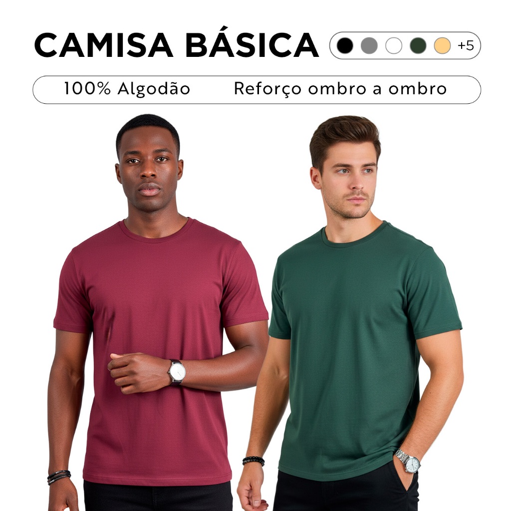 Kit 2 Camisetas Básicas Masculina 100% Algodão Cores Tendência Reforço Ombro a Ombro