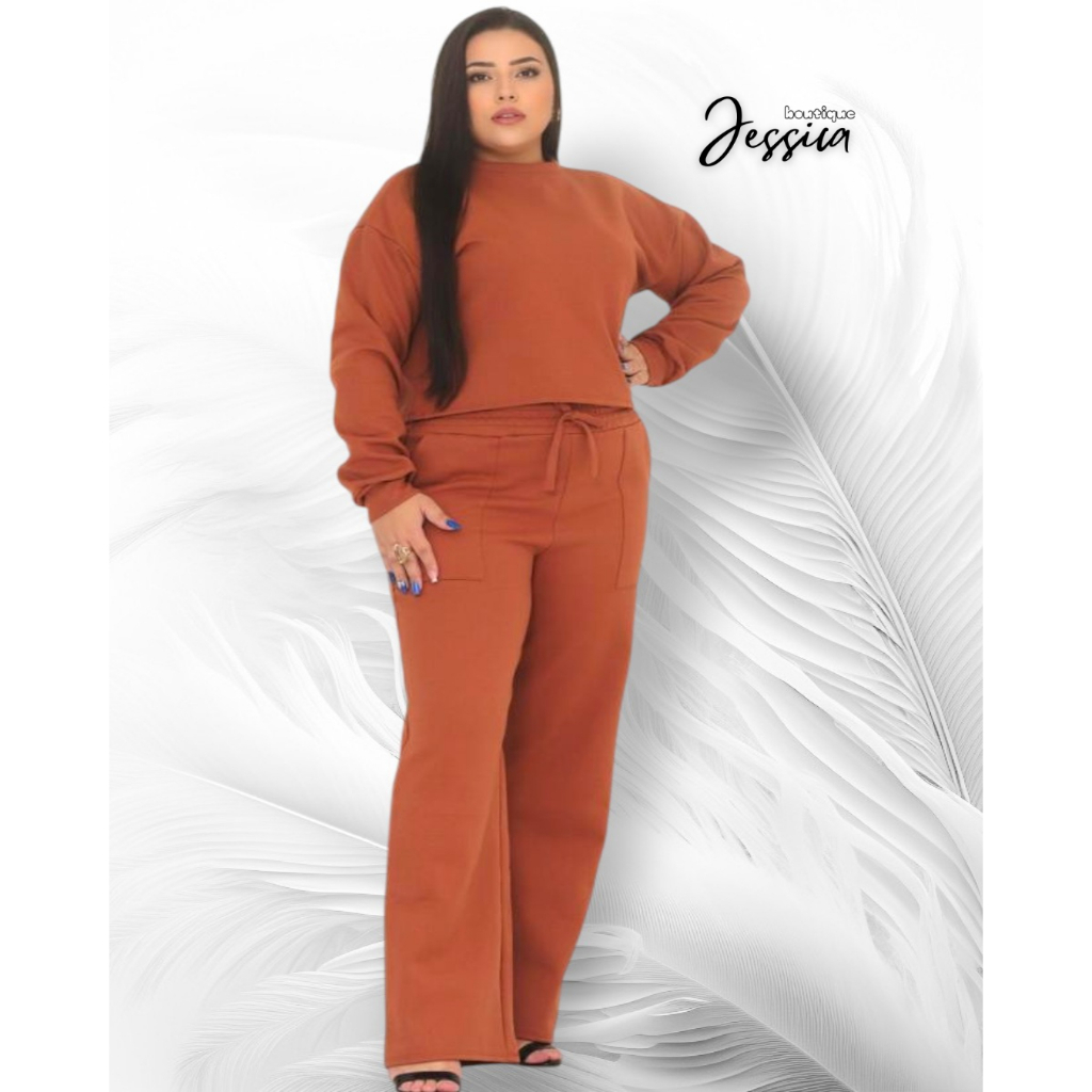 CONJUNTO MOLETOM PLUS SIZE felpado blusa manga comprida e calça pantalona