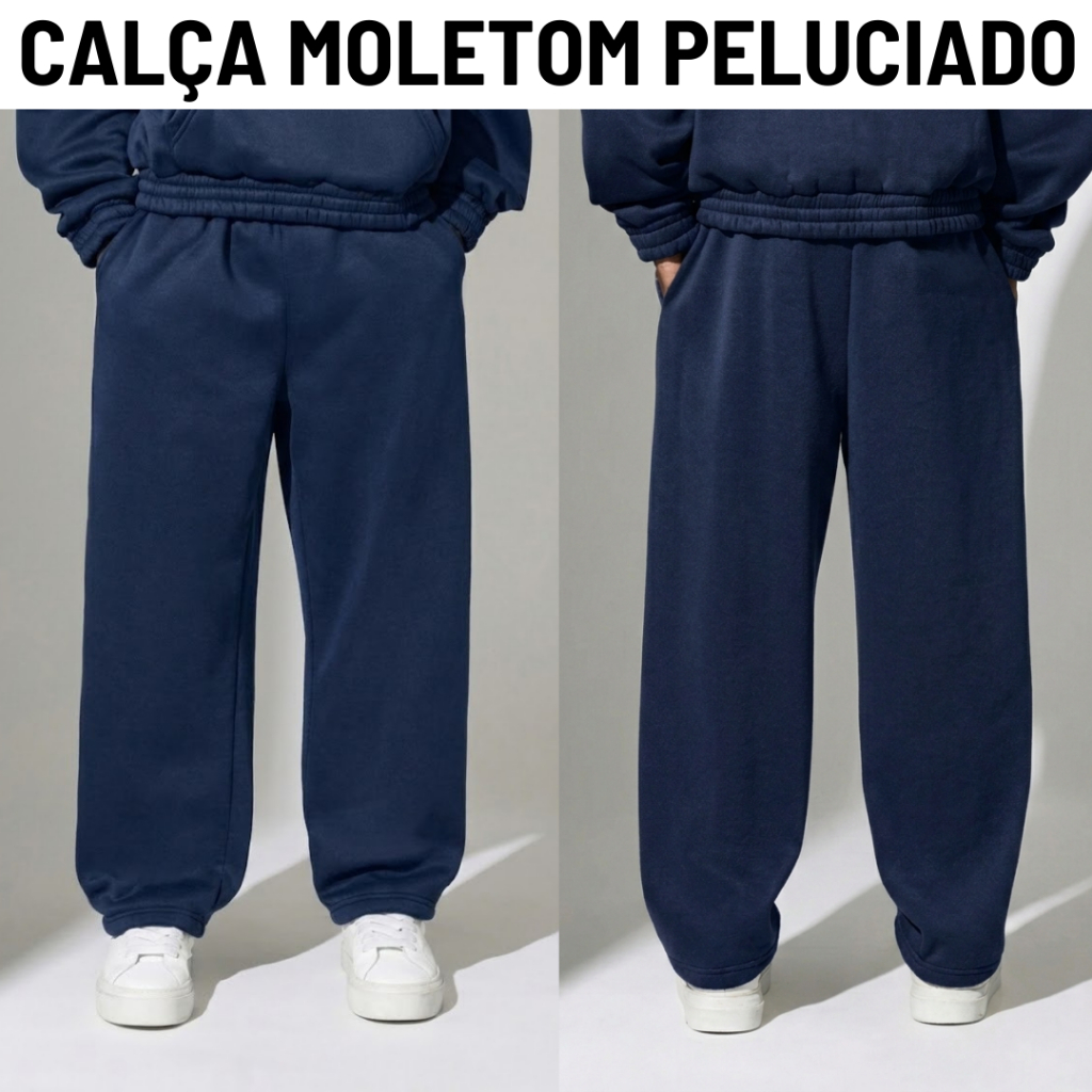 Calça Unissex Moletom Baggy Larga Grossa Peluciada Streetwear Wide Leg Versátil HipHop Confortável