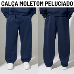 Calça Unissex Moletom Baggy Larga Grossa Peluciada Streetwear Wide Leg Versátil HipHop Confortável