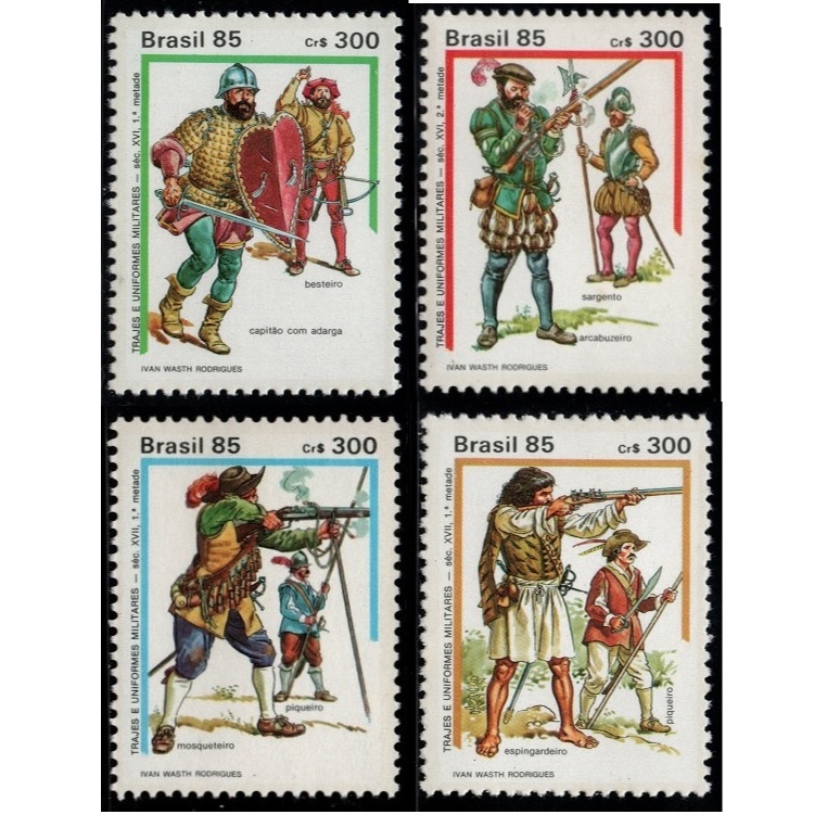 Série com 4 selos de carta  novos TRAJES E UNIFORMES MILITARES - filatelia - ANO 1985 - cat.rhm 1477/80   ref:S608