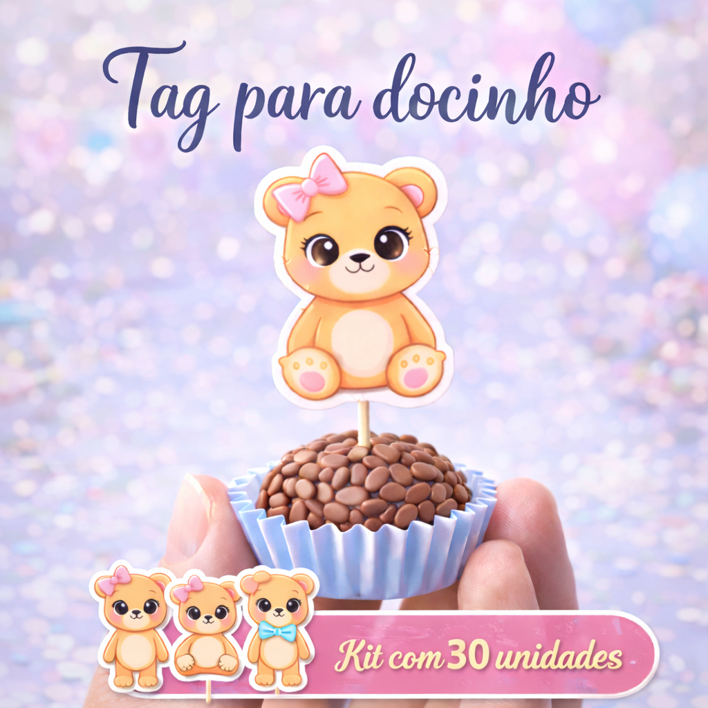 Tag para Docinho Chá Revelação Ursinho | Topper 3,5 cm para Brigadeiro | Lembrancinha Chá Revelação