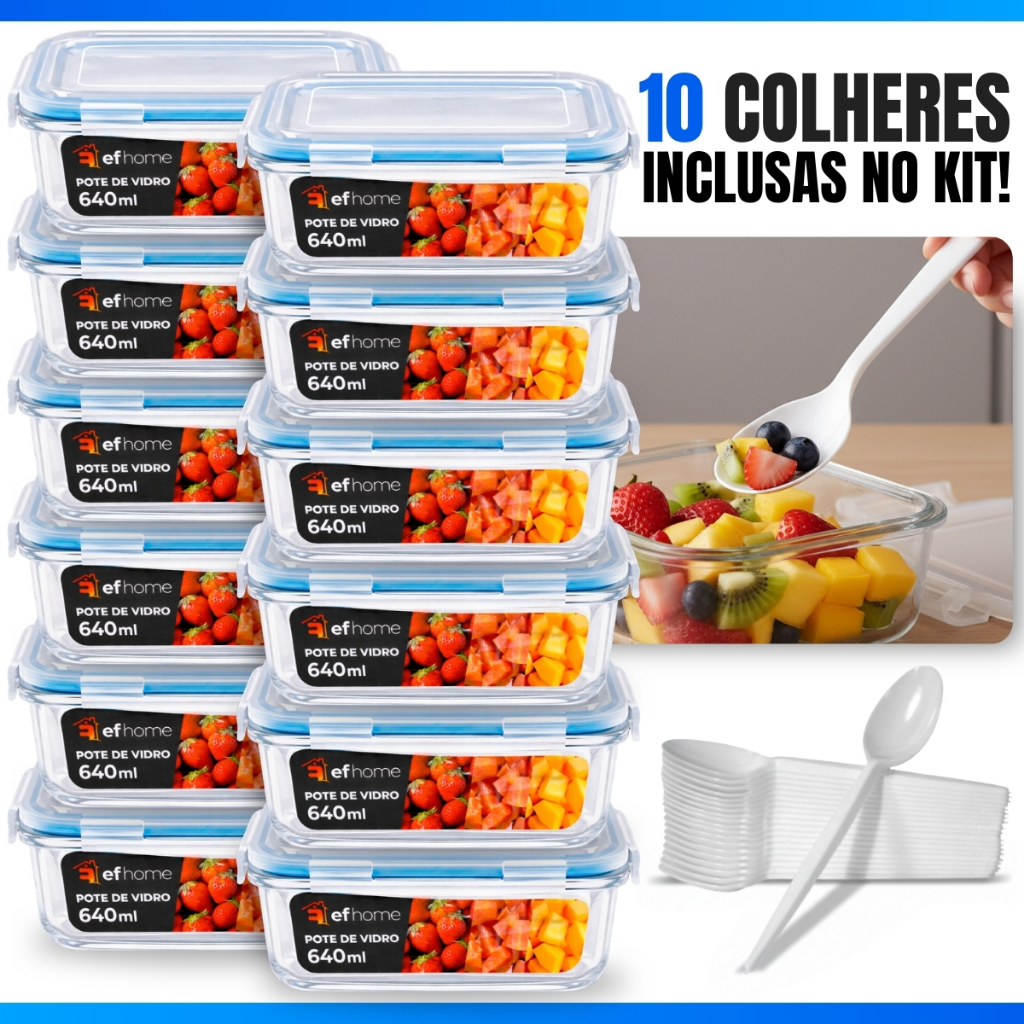 Kit 3/5/10/12 Potes Hermético 640ml Pote de Vidro Retangular Organizador Marmita Forno Microondas Freezer em Oferta na Shopee