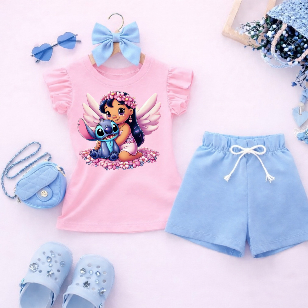 Conjunto Infantil Menina Blogueirinha Fashion Blusa Rosa Bebê com Babado Menina Stitch Angel anjo Short Azul Bebê
