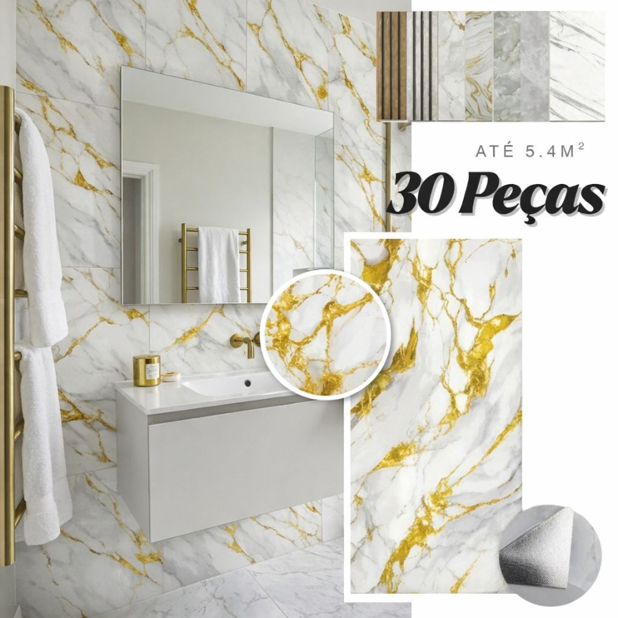 Kit 10/20/30 Unidades Placas Autoadezivas Marmore Parede 3D Porcelanato 30x60 Cobre 1.8/3.6/5.4m2