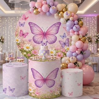 Capa Painel Redondo Borboletas Rosa + Trio Cilindro Decoração Festa Infantil Meninas Veste Fácil Bibi