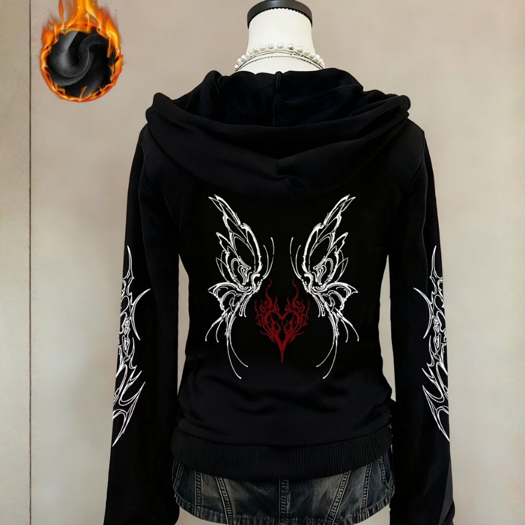 Casaco de Zíper Cyber Y2K Dark Grunge Com Capuz Estampa Tribal Moderno