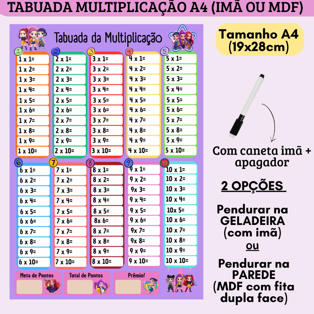 Tabuada Multiplicação IMÃ ou MDF Guerreiras do KPOP A4 19x28cm + Caneta apagador imã