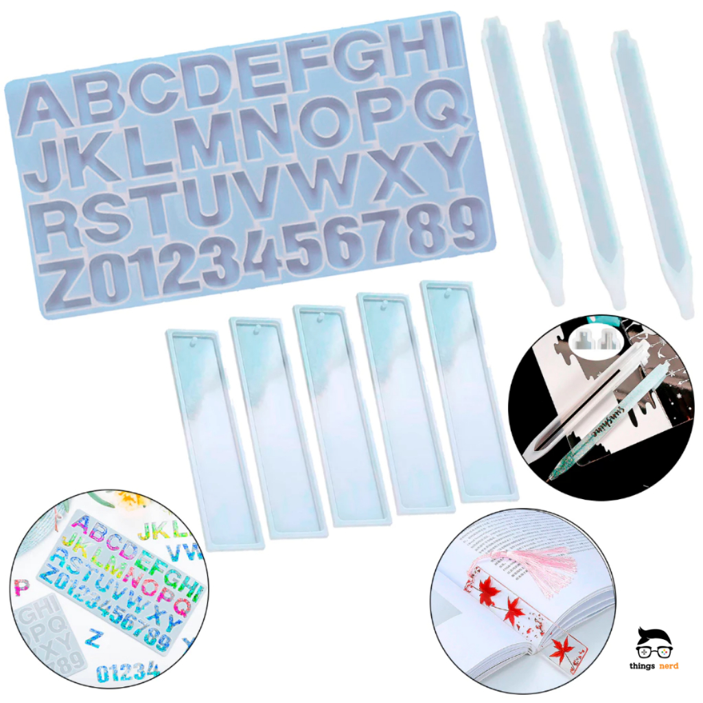 Kit Forma Molde Marca Página 5 unidades + 3 Molde Caneta + Molde Alfabeto Números Resina Artesanato