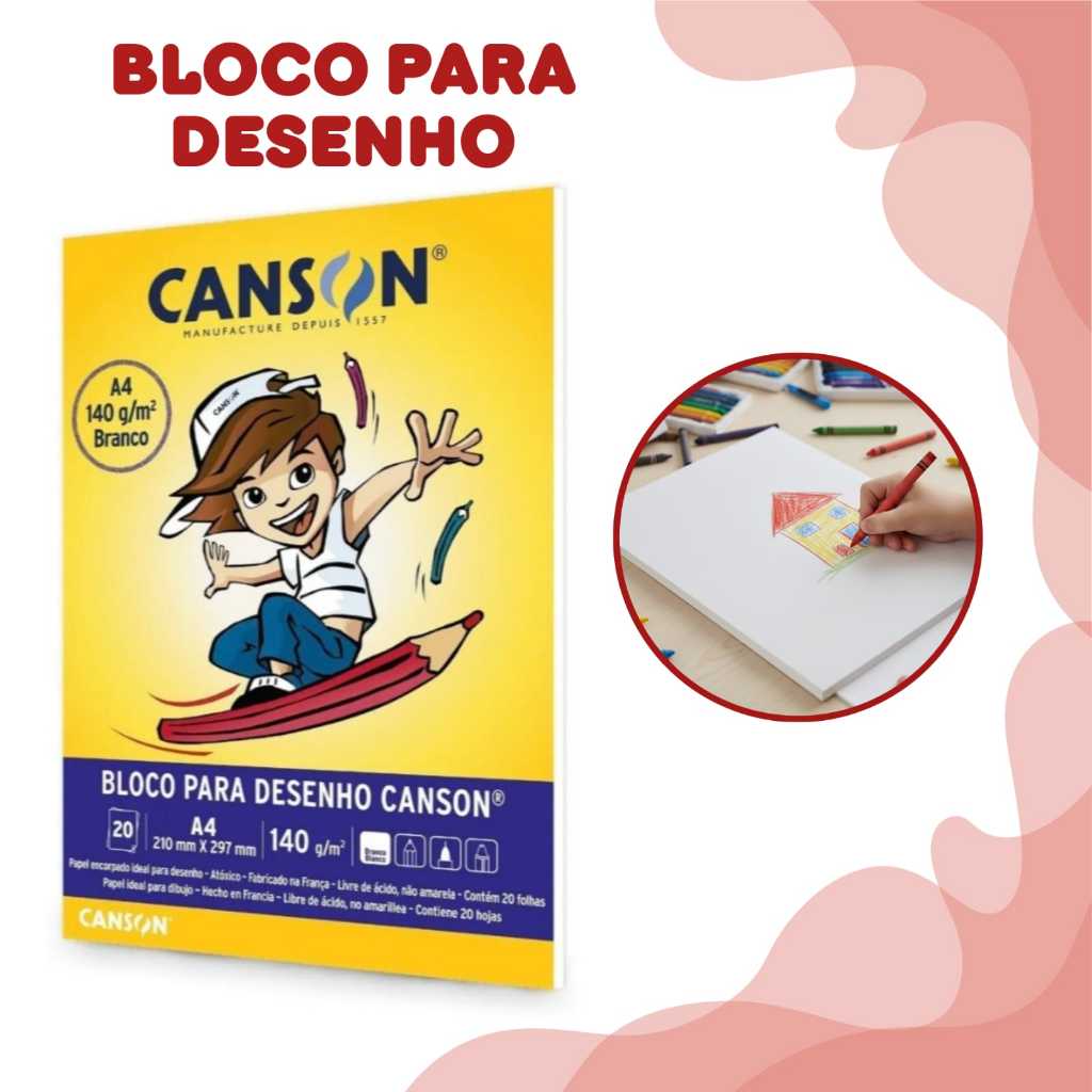 Bloco Para Desenho Canson A4 20 folhas Branco e Creme Para Desenhos Com Lapis de Cor Giz de Cera