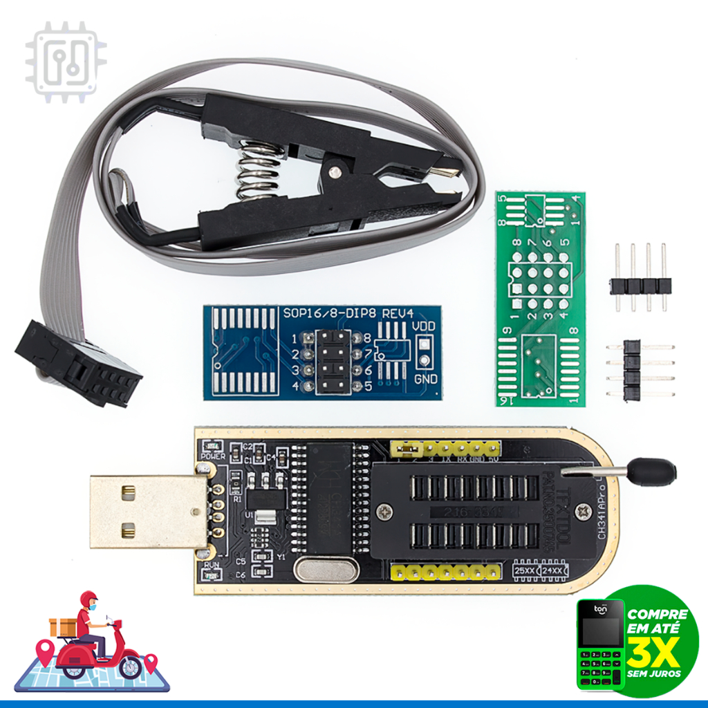 Kit Gravadora USB de Bios Eprom CH341A Serie 24 25 + Pinça Clip Garra Jacaré SOIC 8