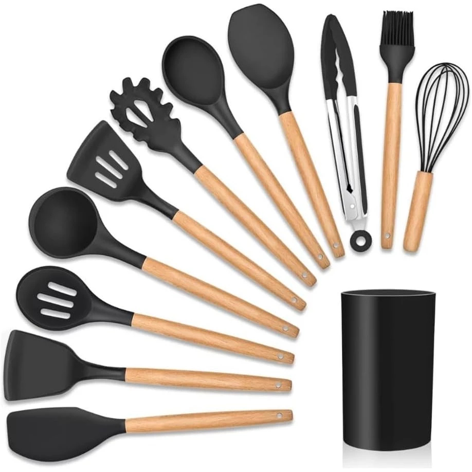 Jogo 12 Utensílios Silicone + Cabo Madeira | Antiaderente | Não Risca Panelas | Resistente ao Calor 230°C