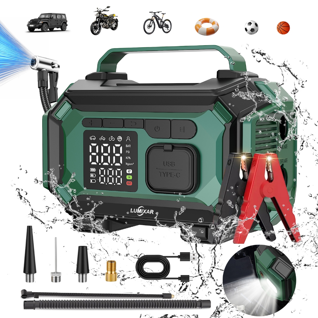 Auxiliar de Partida e Compressor de Ar Portátil 12V – Multifuncional com Carregador USB e Lanterna para Carros e Motos em Oferta na Shopee