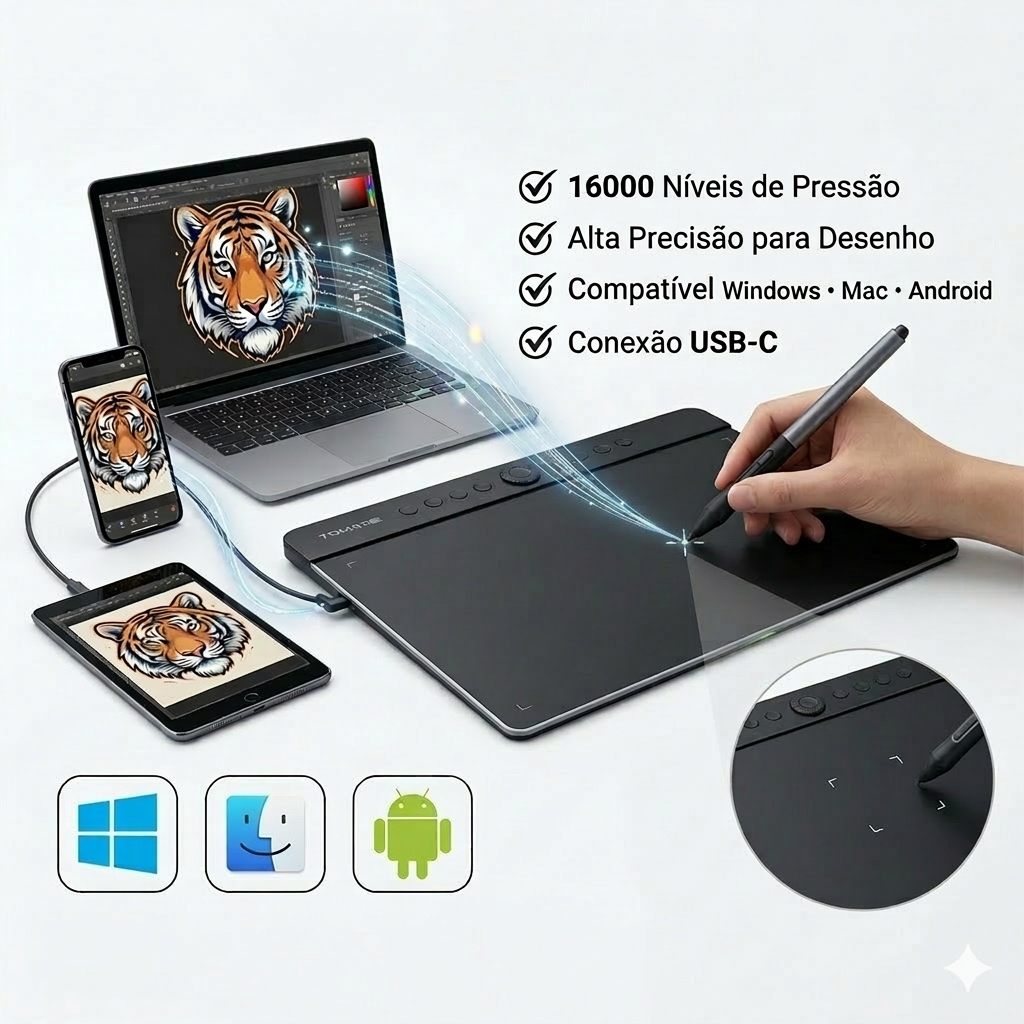 Mesa Digitalizadora 10x6 Profissional 16000 Níveis Pressão USB-C Compatível Windows Mac Android
