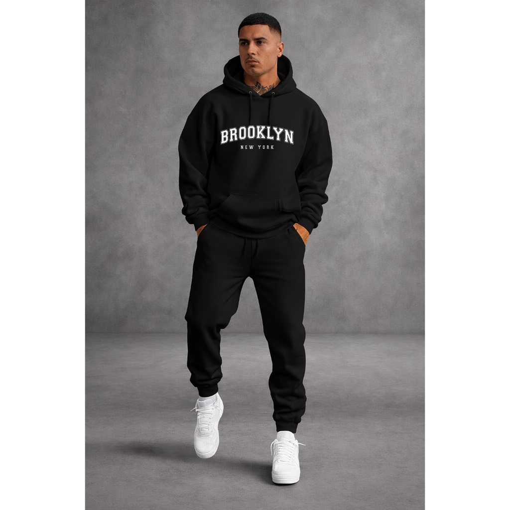 Conjunto Moletom Masculino Brooklyn com Capuz + Calça Jogger Moletom Inverno Casual Streetwear Confortável brooklyn new