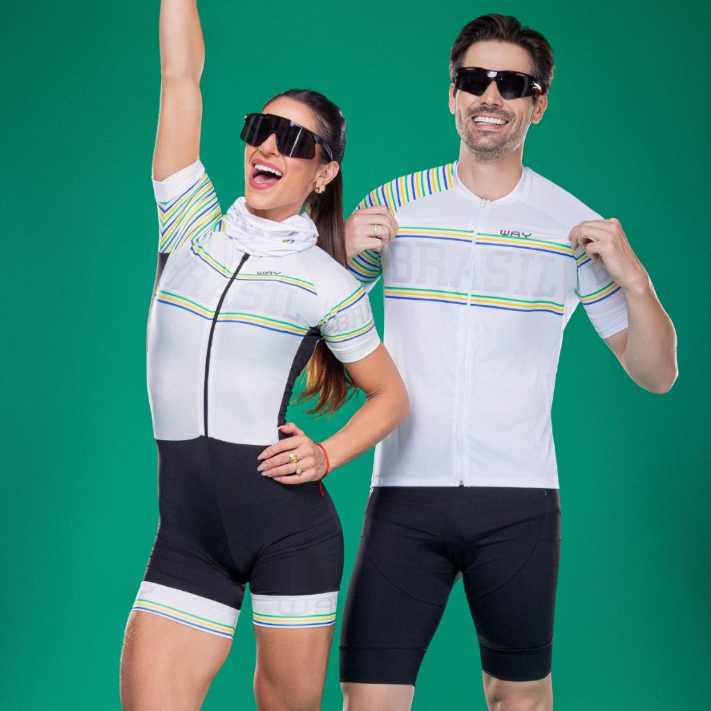 Kit Ciclismo Brasil Camisa Premium Masculina com Bolsos Macaquinho Macacão Brasil Feminino MTB Speed