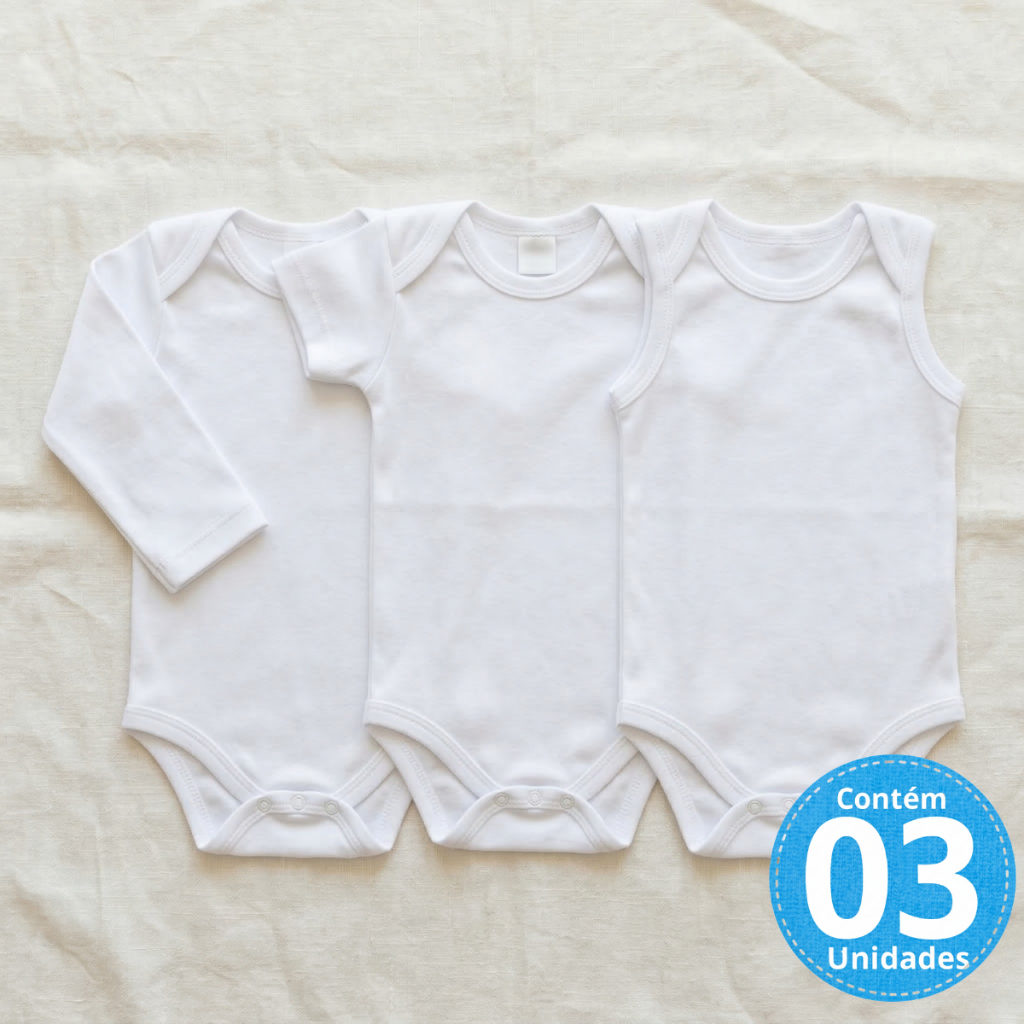 Kit 3 Body Bebê Branco Suedine 100% Algodão Mafessoni Manga Longa Curta Regata Mijão Uniforme Creche