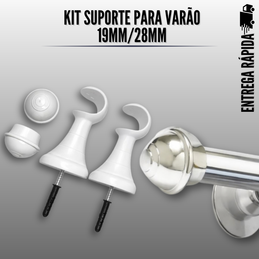 Kit Suporte para Varão de Cortina 19mm ou 28mm com Ponteiras Várias Cores + Parafusos de Fixação