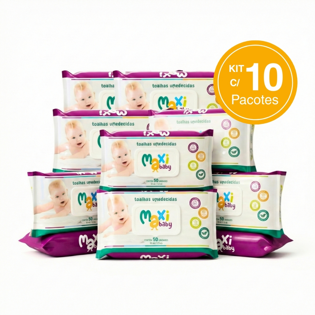 Kit com 10 Toalhas Lenços Umedecidos Hipoalergênico 50un Cada Maxi Baby em Oferta na Shopee