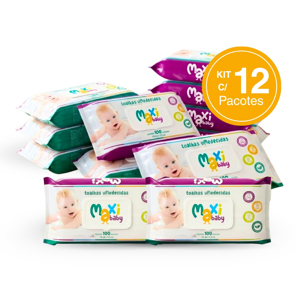 Kit com 12 Toalhas Lenços Umedecidos Hipoalergênico 100un Cada Maxi Baby
