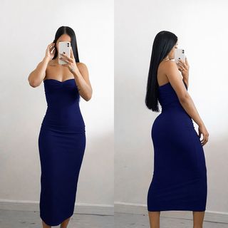 Vestido Midi Frio Inverno Feminino Suplex Azul Marinho Vermelho Tomara Que Caia Tubinho J…