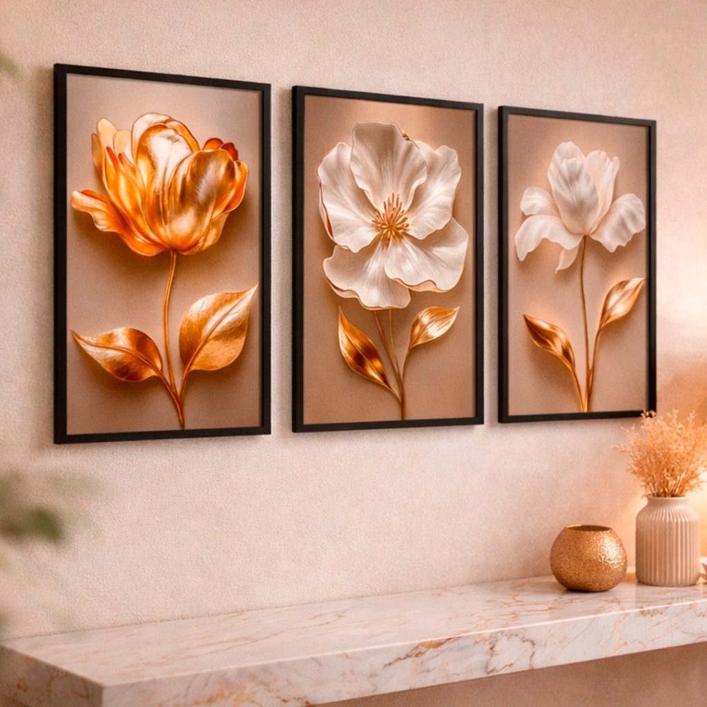 Quadro Decorativo 3 Peças 60x40 Flores Tulipas Brancas Douradas Quadro para Quar