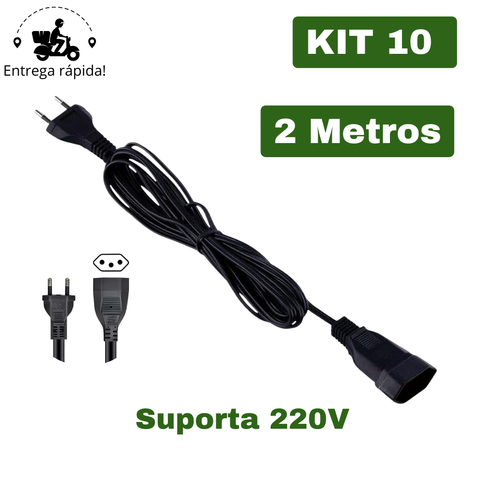 Kit 10 Extensão Elétrica e Prolongador Preto Extensor de Cabo 2 Metros e Bivolt 110v e 220v