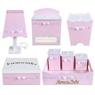 Kit Higiene Bebê Menina cuidados com bebê na cor Rosa em Madeira e fitas de Cetim em Oferta na Shopee