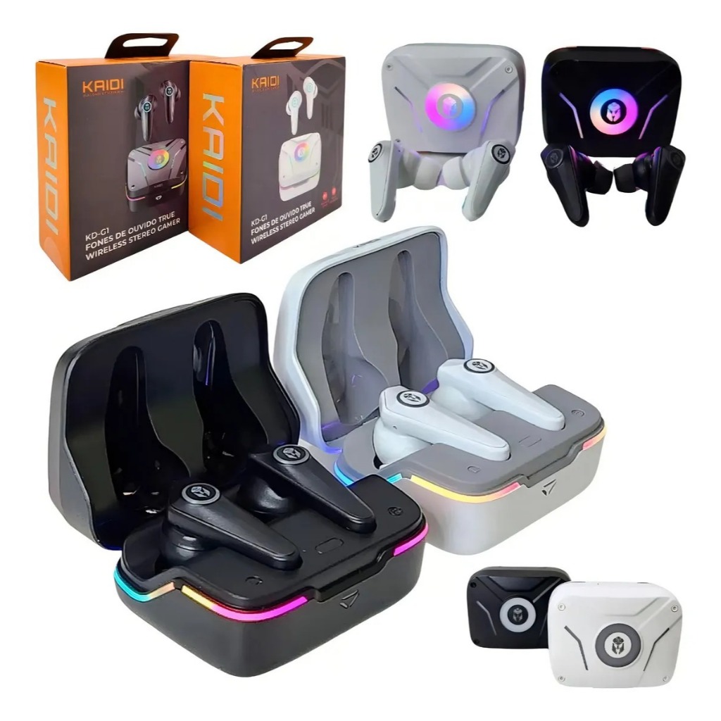Fone de Ouvido Kaidi Kd-g1 Som Academia Sem Fio Tws Gamer Cor Branco e Preto Fone Gamer LED Kaidi 6 Horas de Uso — R$ 89,99 em Shopee