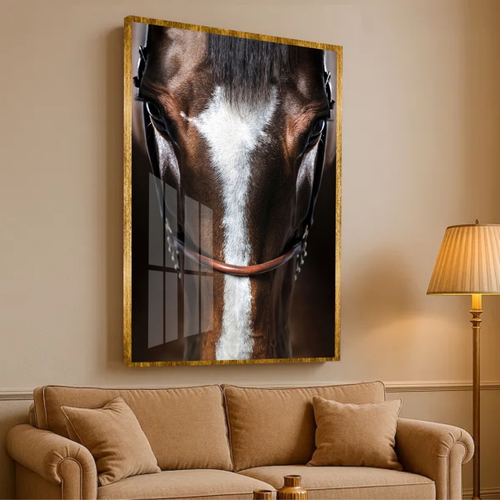 Quadro Moldura Vidro Tamanho Grande Animal Rosto Cavalo Marrom Branco Decoração Sala Rancho Fazenda