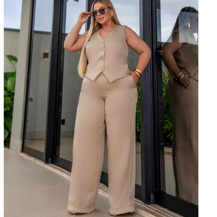 Conjunto Social Plus Size Calça Colete Pantalona Uniforme