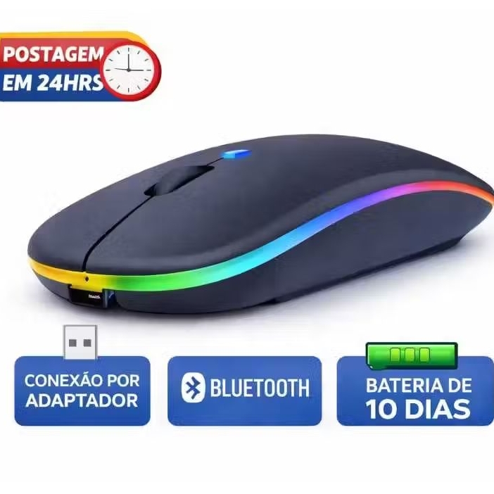 Mouse Sem Fio Recarregável RGB Bluetooth 5.2 + USB 2.4G para computador - Notebook - TV - tablet em Oferta na Shopee
