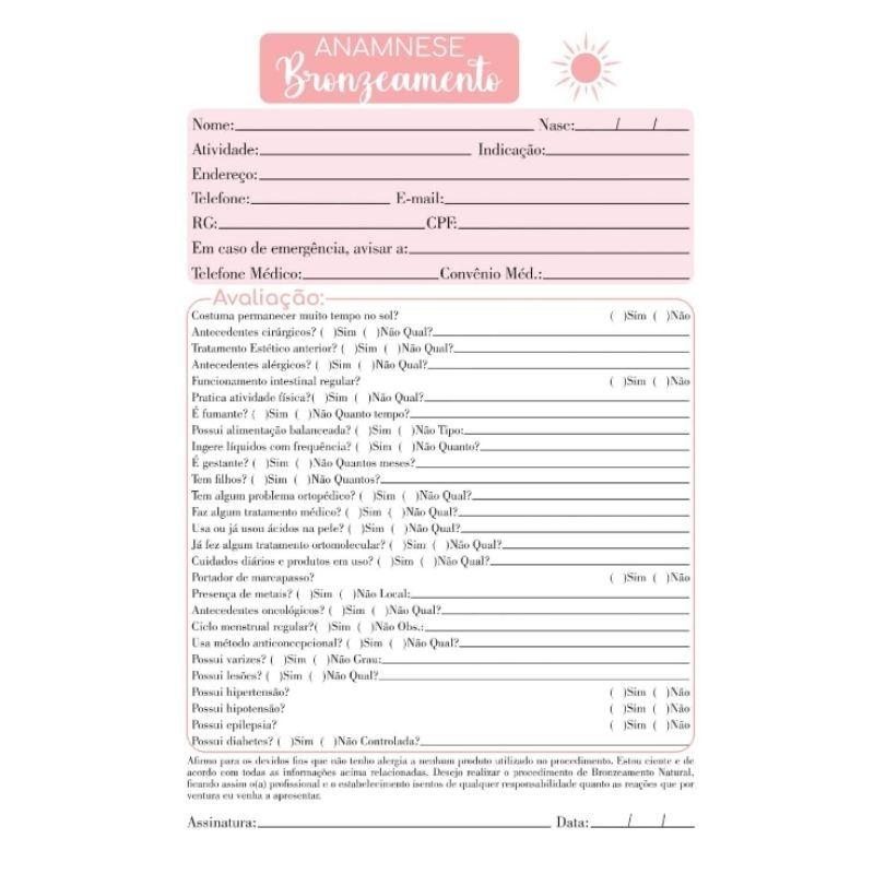 Bloco de fichas anamnese de bronzeamento com 100 folhas Tamanho A5