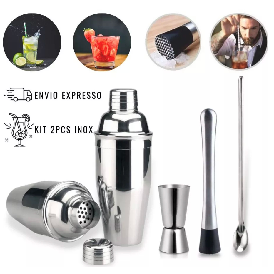 Kit Caipirinha 4 peças Inox Barman Coqueteleira Profissional Drinks