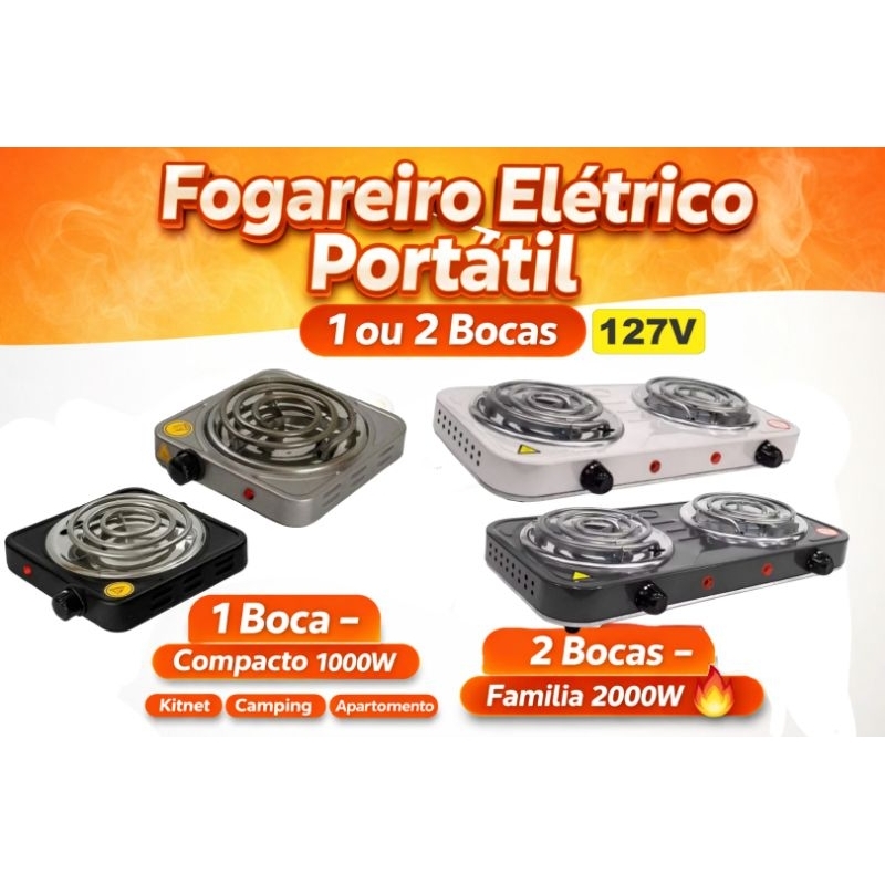 Fogareiro Elétrico Portátil 1 ou 2 Bocas 1000W / 2000W 127V Cooktop Elétrico Compacto Camping Cozinha