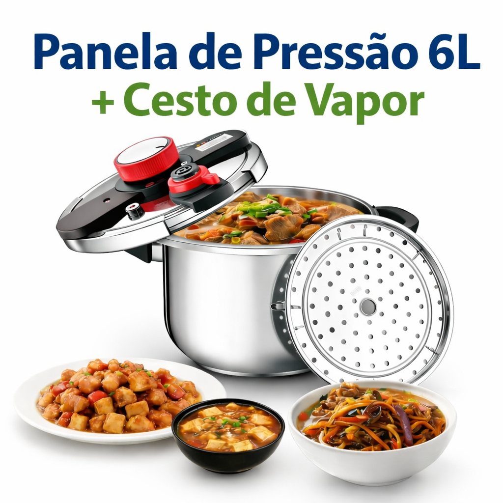 Imagem Panela de Pressão Inox com Cesta de Vapor 6L 10L | 3 Níveis de Pressão | Sistema de Segurança Antiexplosão