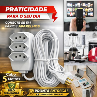 Extensão Elétrica cabo PP 2P+T 5 Metros Fio Reforçado 3 Tomadas Tripolar Bivolt 10A em Oferta na Shopee