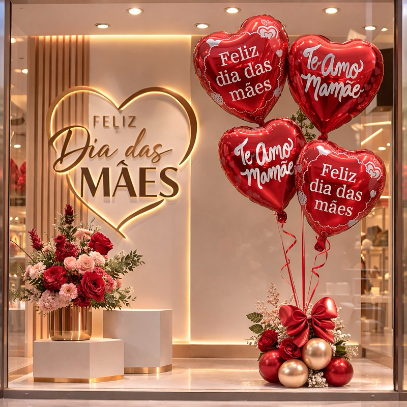 12 Balão Metalizado Coração Dia das Mães Te amo Mamãe Estampado 45cm
