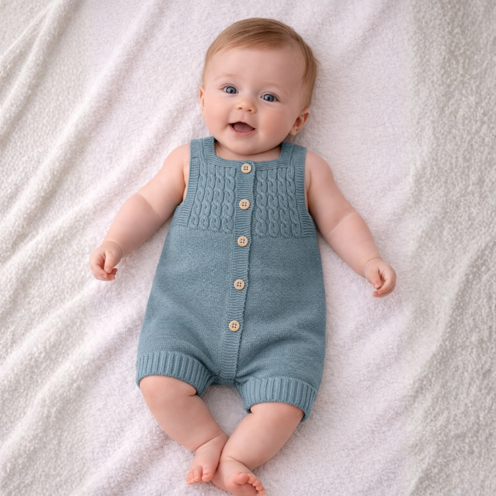Macacão Tricot Curto I Romper Botão Madeira I Jardineira Unissex I Enxoval Bebê I Maternidade