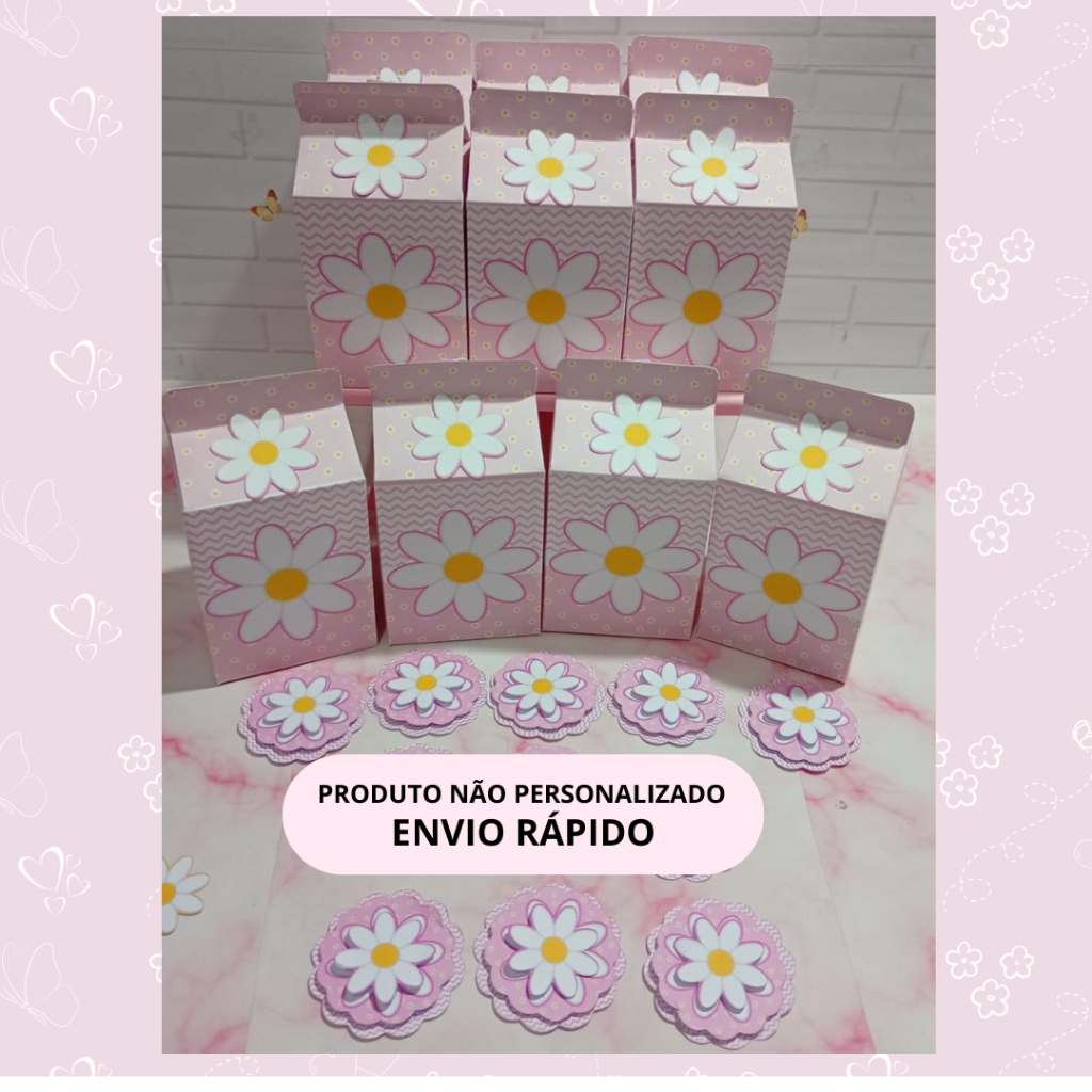 Kit 10 Caixas Milk +10 Apliques 3D - Pronta Entrega - Margaridas Rosa - Envio Imediato - lembrancinha Pronta Entrega