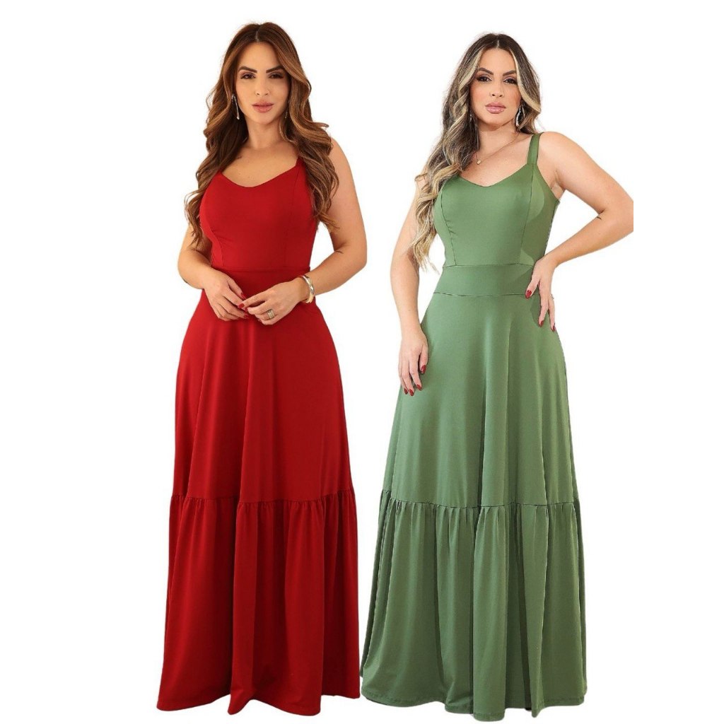 KIT 2 Vestido Longo Feminino Alça Malha Liso Elegante Confortável Soltinho Moda Feminina